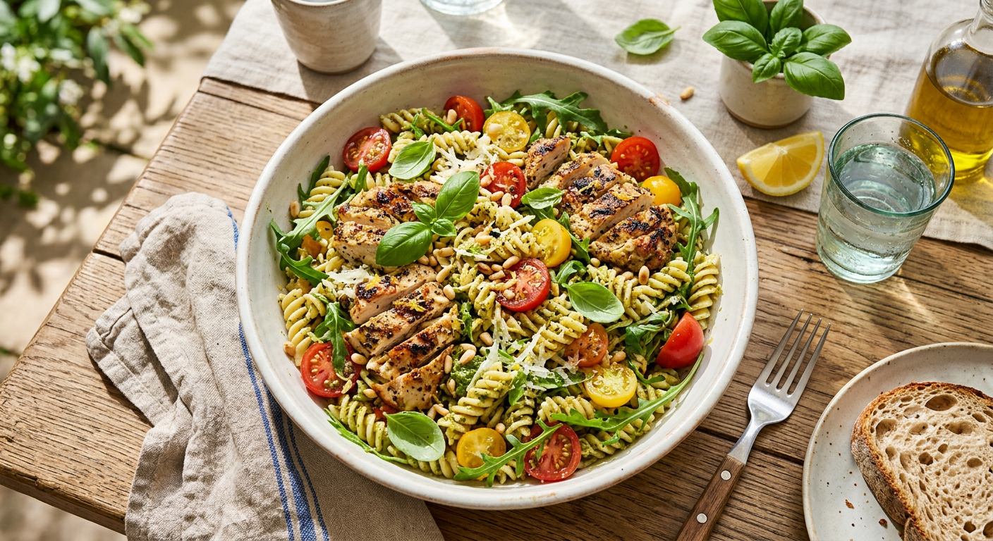 Pastasalat með grilluðum kjúklingi, tómötum og klettasalati