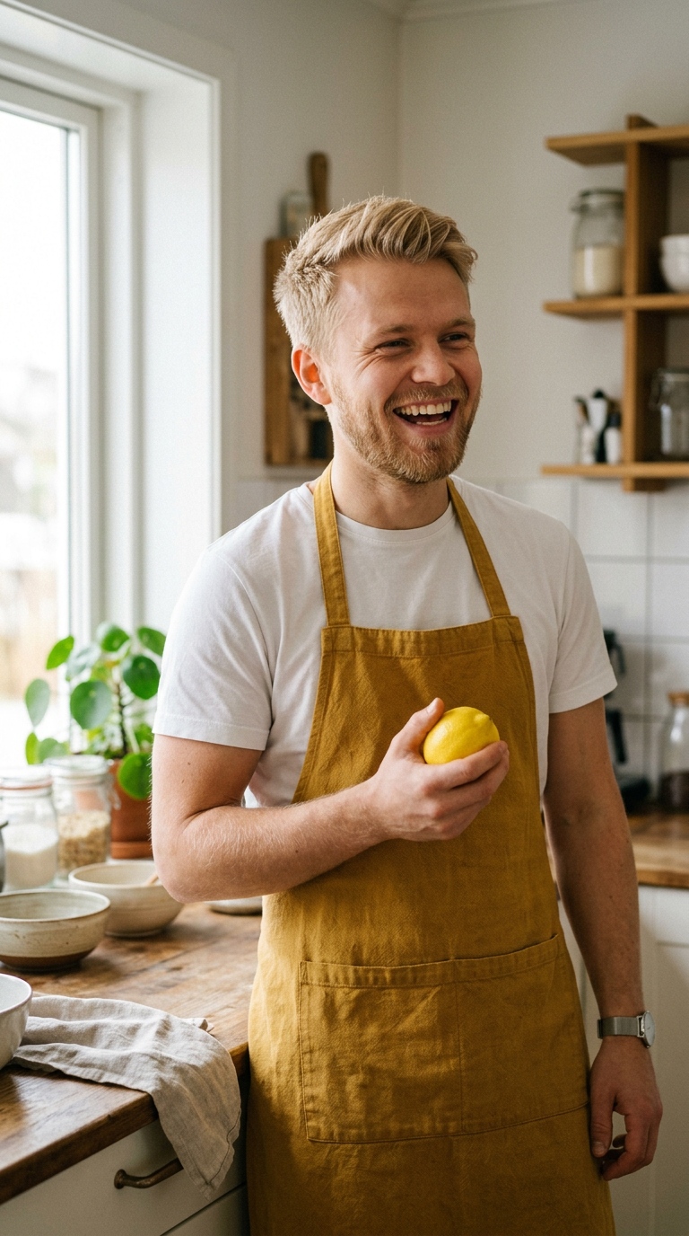 Silli brosandi í eldhúsinu með sítrónu í hendi